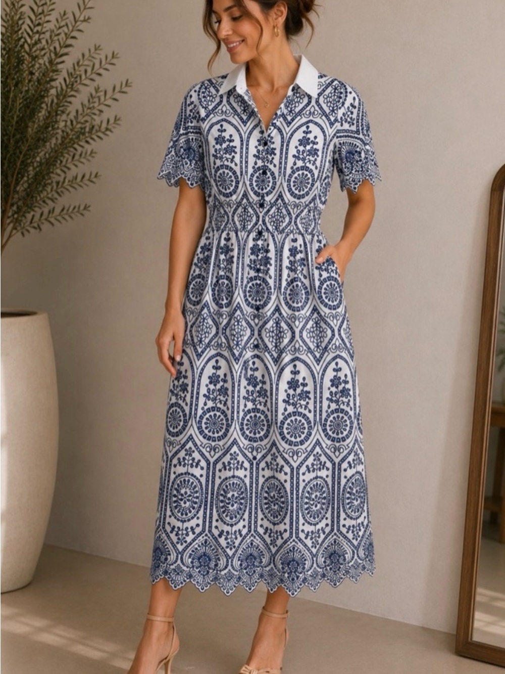 Elie Tahari Blue & White Lace-Trim Maxi Dress